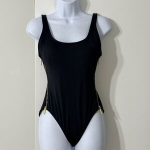 Carmen Marc Valvo Swimwear | One Piece Black Swimsuit With Gold Zipper Sides | 6